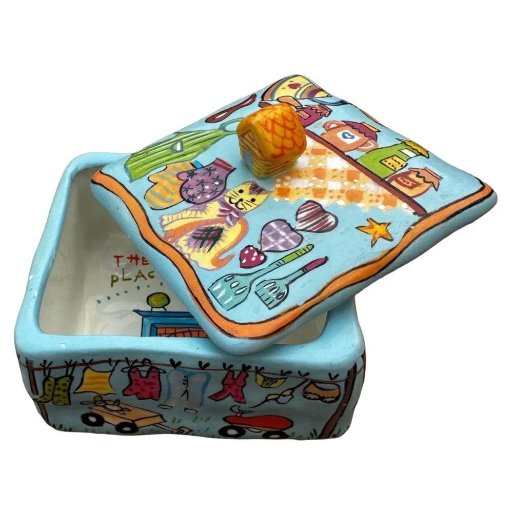 EMPRESS ARTS Blue Ceramic Trinket Box 3”x3” THERE IS NO PLACE LIKE HOME Lidded